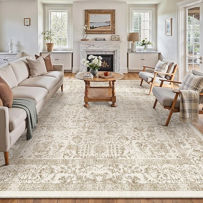 Light Brown Area Rug 9x12 Machine Washable Large Vintage Living Room Distressed by PureCozy