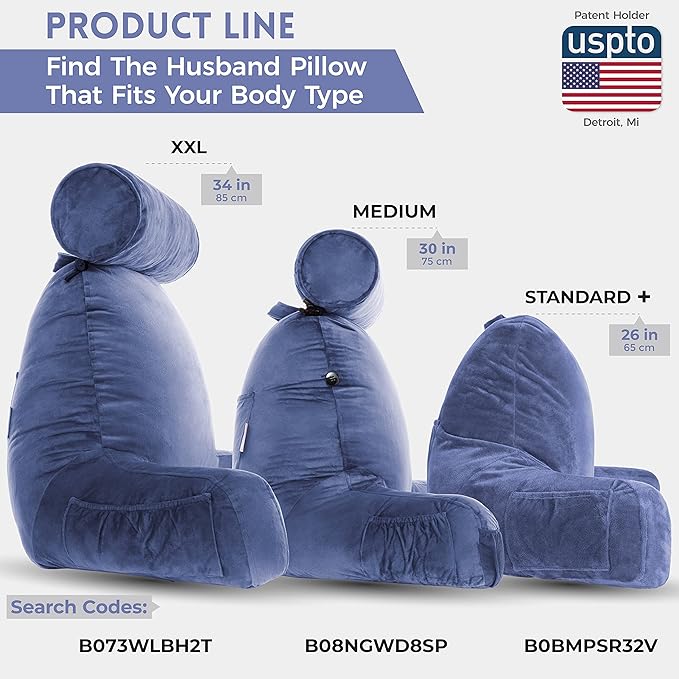 Husband Pillow Dark Blue, Original Reading Pillow in Bed Rest Chair, Shredded - Image 3