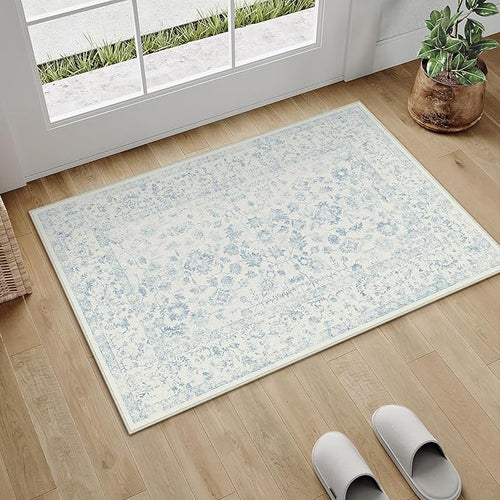 2x3 Blue Entryway Area Rug Machine Washable Door Mat Kitchen Vintage Distressed by PureCozy