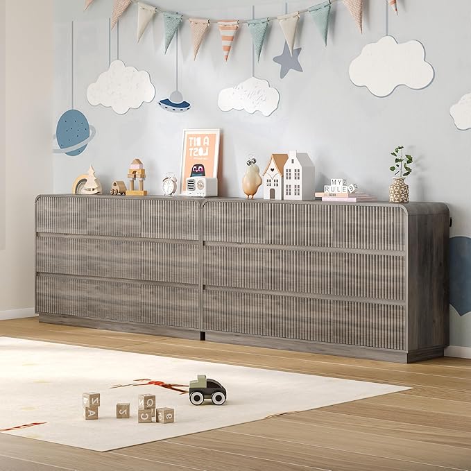 Dresser for Bedroom with 9 Drawers, Fluted Chest of Drawers with Round Curved - Image 6