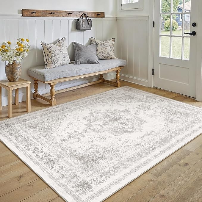 Area Rug 5x7 Washable Light Gray Rug Vintage Boho Medallion Large Grey - Image 5