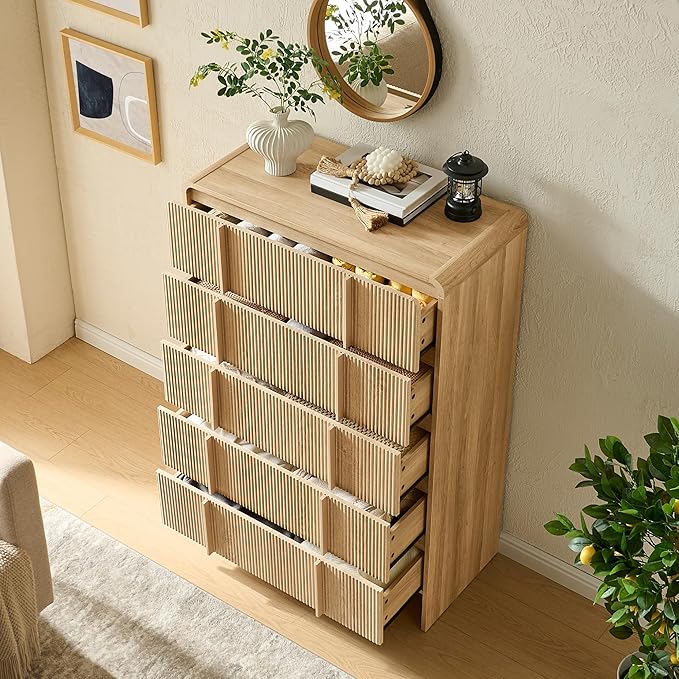 AMERLIFE Fluted 5 Drawer Dresser, Rounded Corners & Anti-Tip Design, Wood - Image 6