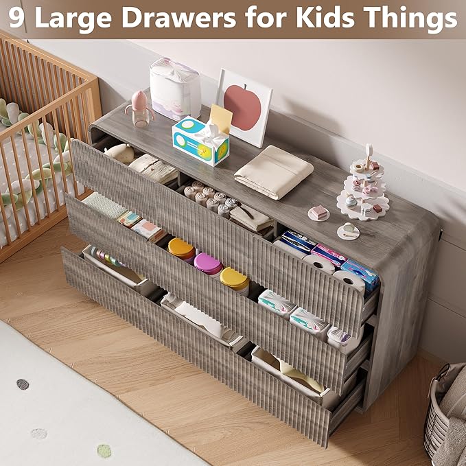 Dresser for Bedroom with 9 Drawers, Fluted Chest of Drawers with Round Curved - Image 3