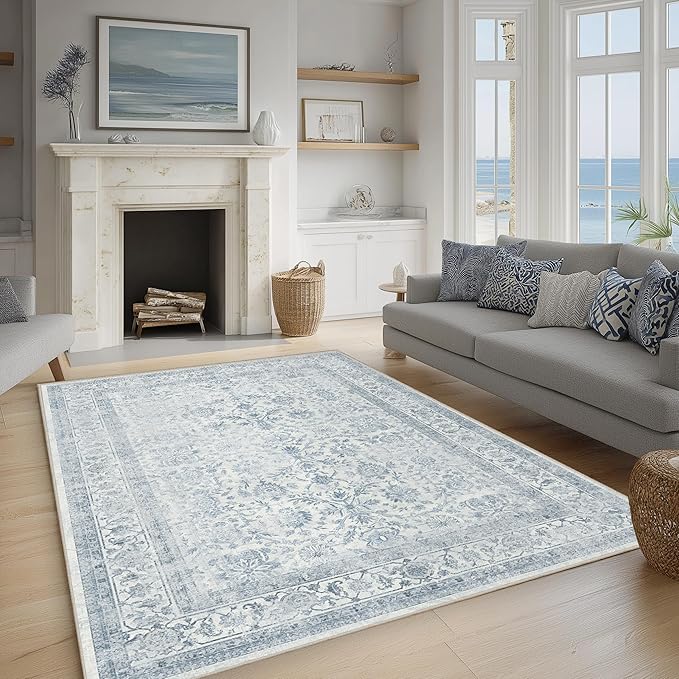 FMFUNCTEX 5x7 Washable Area Rug Blue Neutral Vintage Non Slip Low Pile by Fmfunctex
