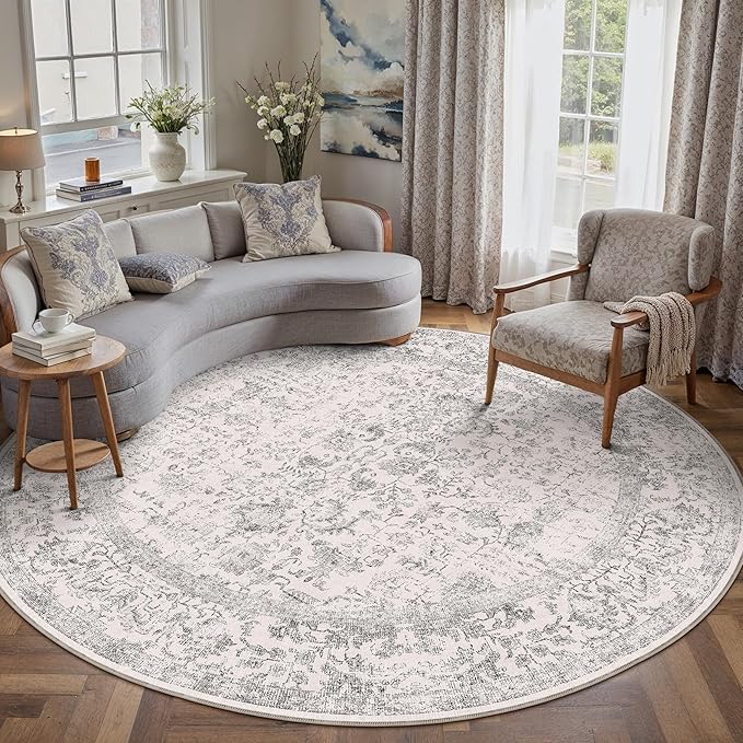 Grey Round Area Rug 8ft Entryway Door Mat Small Circle 8x8 Kitchen Vintage by PureCozy