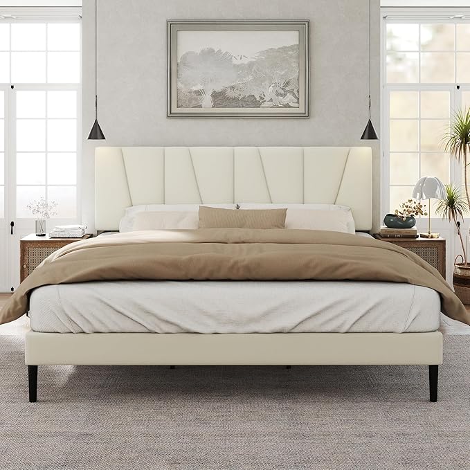Queen Size Bed Frame with Fabric Upholstered Headboard, Platform Bed with - Image 8