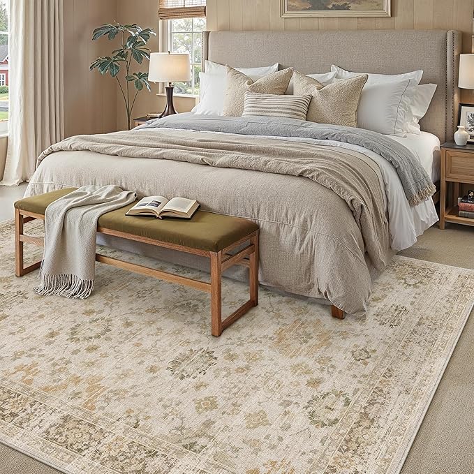 Beige 8x10 Area Rug Non Slip Large Vintage Living Room Distressed Machine - Image 5