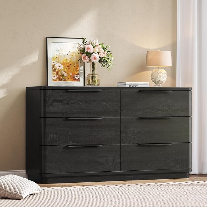 6 Drawer Dresser for Bedroom, Curved Profile Design, Wooden Black Dresser by beronbaer