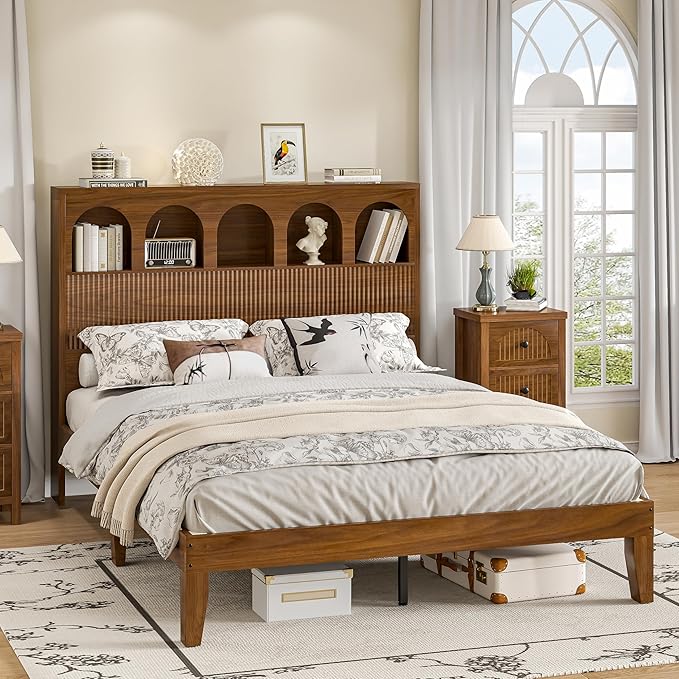 Queen Bed Frame with Storage Headboard 5 Arched Storage Compartments, 12.4 Inch by Lxsxhome