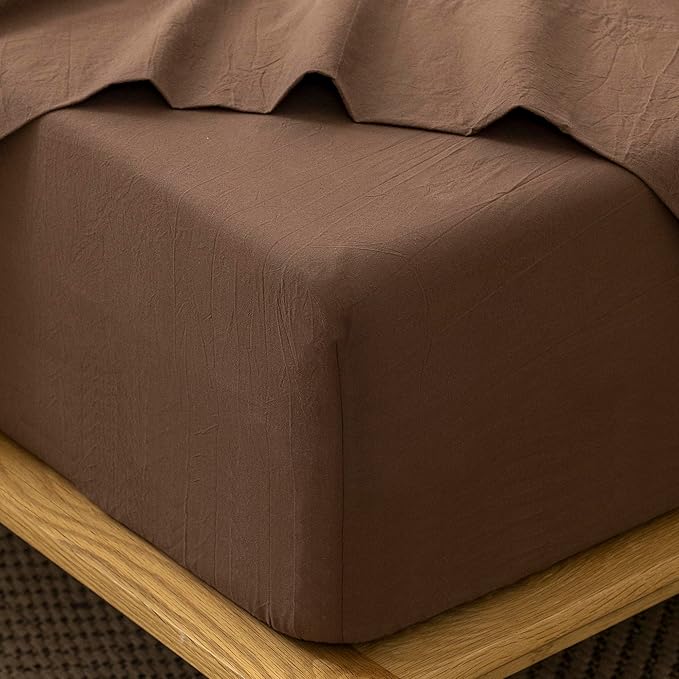 MooMee Fitted Bottom Sheet Only 100% Washed Cotton Linen Like Textured by MOOMEE