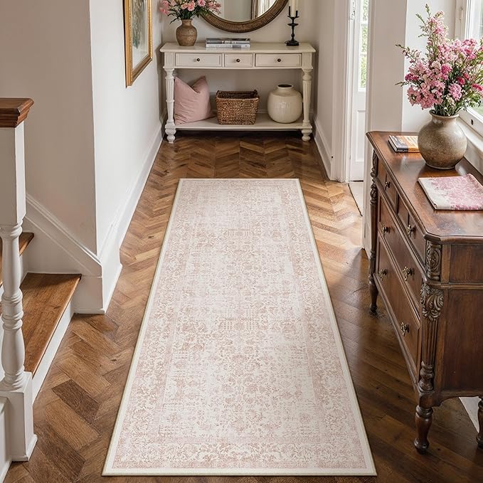 Pink Runner Rug 2x5 Hallway Machine Washable Kitchen Vintage Distressed Non by PureCozy
