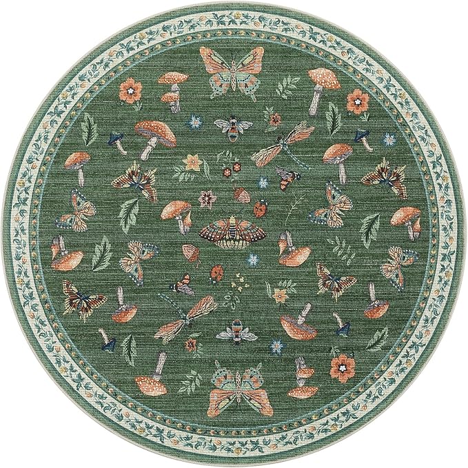 Mushroom Insect 6ft Round Rug Washable Non-Slip Soft Ultra-Thin Boho Circle - Image 3