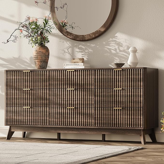 63'' Wide 9 Drawers Dresser for Bedroom, Modern Fluted Vertical Chest by TROJMHome
