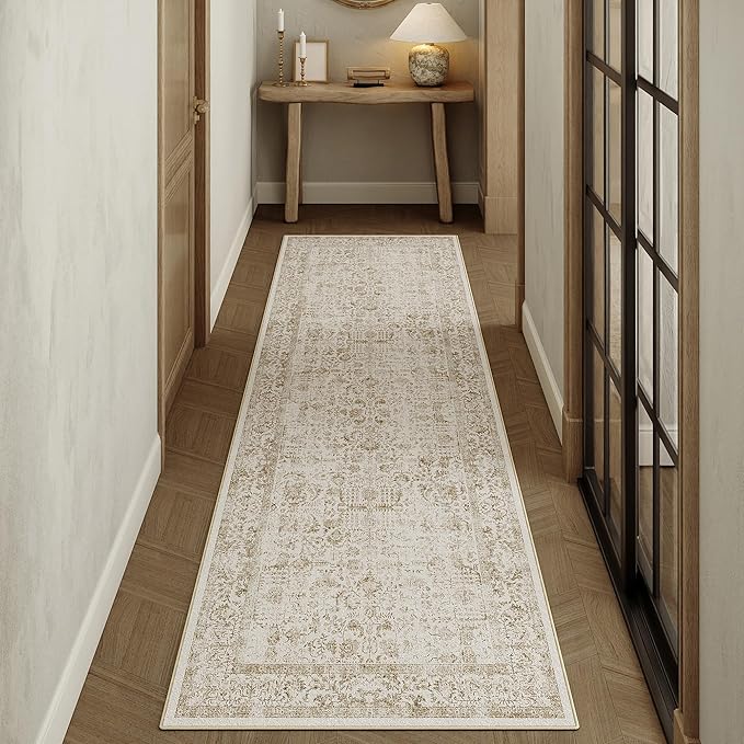 Light Brown Runner Rug 3x8 Hallway Machine Washable Kitchen Vintage Distressed by PureCozy