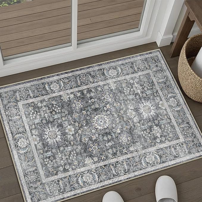 Blue 2x3 Entryway Area Rug Machine Washable Door Mat Kitchen Vintage Distressed - Image 4