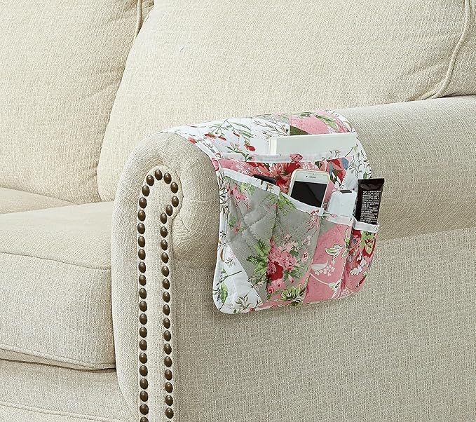 Brilliant Sunshine Peach Flowers Patchwork Couch Armrest 5 Pockets Organizer - Image 2