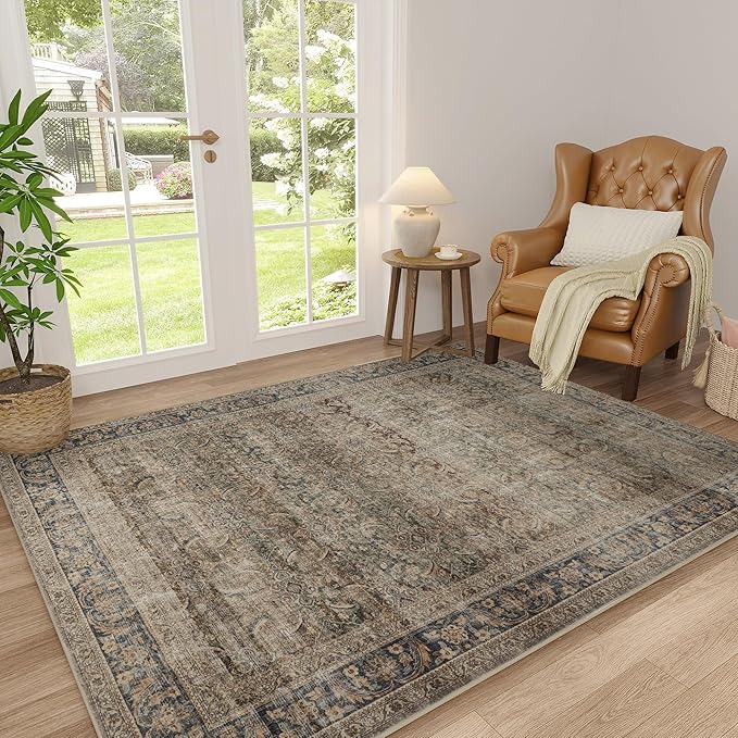 FMFUNCTEX 4x6 Washable Area Rug Neutral Vintage Brown Distressed Non Slip Low - Image 3