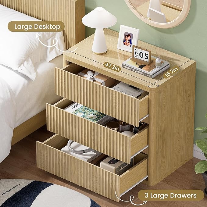 Fluted Nightstand with 3 Drawers, Wood Night Stand with Storage, Modern Bedside - Image 4