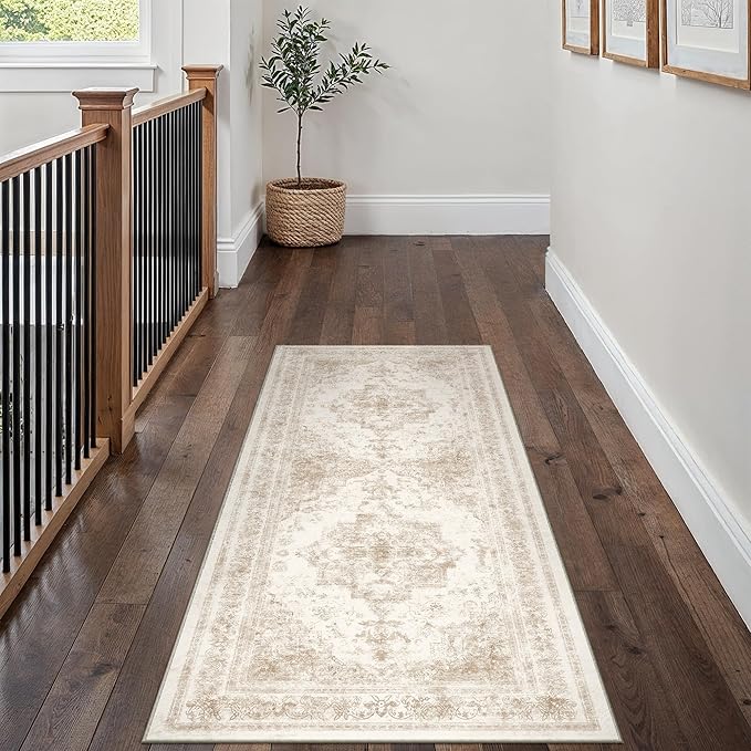 Runner Rug 2x5 Cream Hallway Washable Beige Carpet Non Slip Vintage Medallion by PureCozy