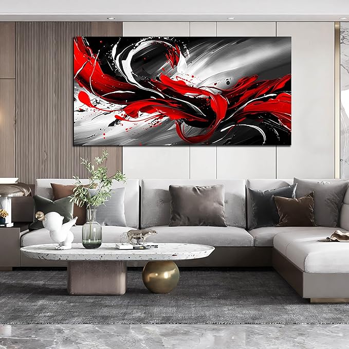 Black White and Red Abstract Print Picture Painting Large Canvas Wall Art - Image 6