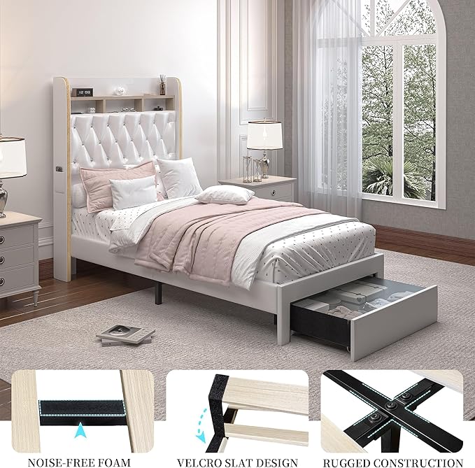 Twin LED Bed Frame with Storage Drawer, PU Upholstered Platform Beds with - Image 6