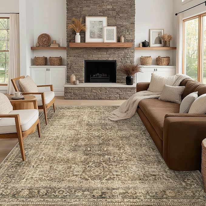 FMFUNCTEX 10x14 Washable Area Rug Brown Vintage Neutral Distressed Large Non by Fmfunctex