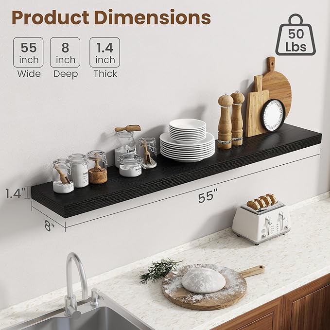 55 Inch Floating Shelves for Wall, 8 Inch Deep Floating Shelf for Storage & - Image 3