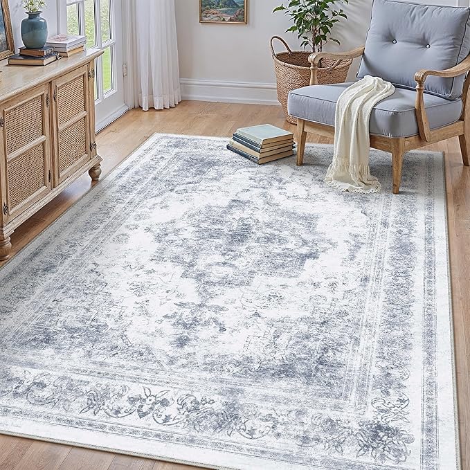 Area Rug 5x7 Washable Blue Rug Vintage Boho Medallion Large Distressed Retro - Image 6