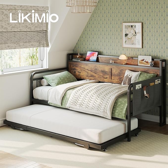 LIKIMIO Twin Daybed with Trundle Bed, Storage Headboard with Charging Station - Image 2