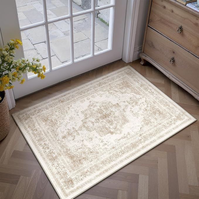 Area Rug 2x3 Cream Washable Entryway Vintage Medallion Beige Carpet Non Slip by PureCozy