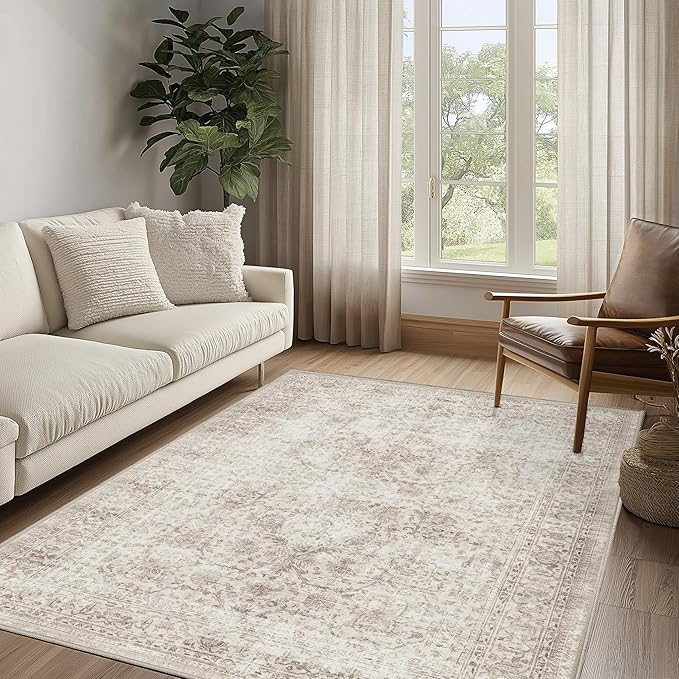 FMFUNCTEX 4x6 Washable Area Rug Neutral Vintage Beige Non Slip Low Pile by Fmfunctex
