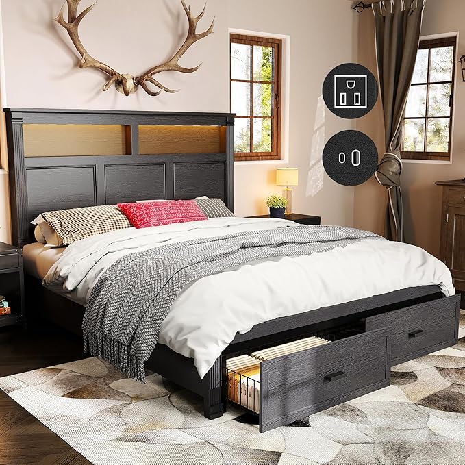 53" Tall Queen Bed Frame with Headboard and Storage, 2 Drawers and LED Built in by FARMHOUSEWOODENAESTHETIC
