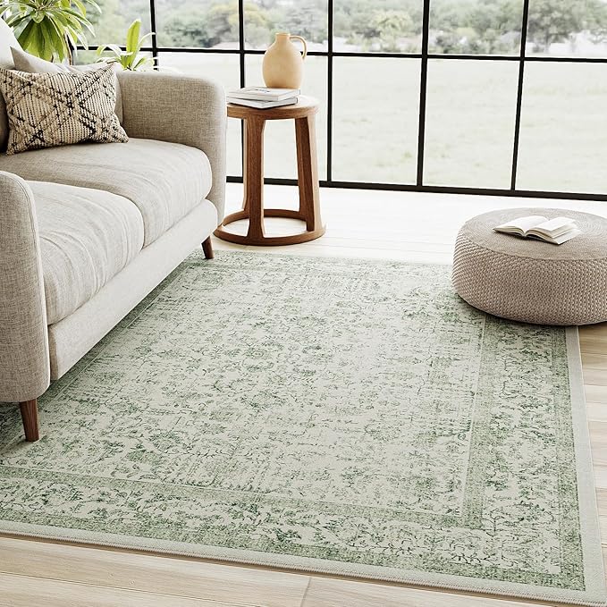 Sage Green Area Rug 3x5 Washable Office Entryway Carpet Vintage Distressed Non - Image 5