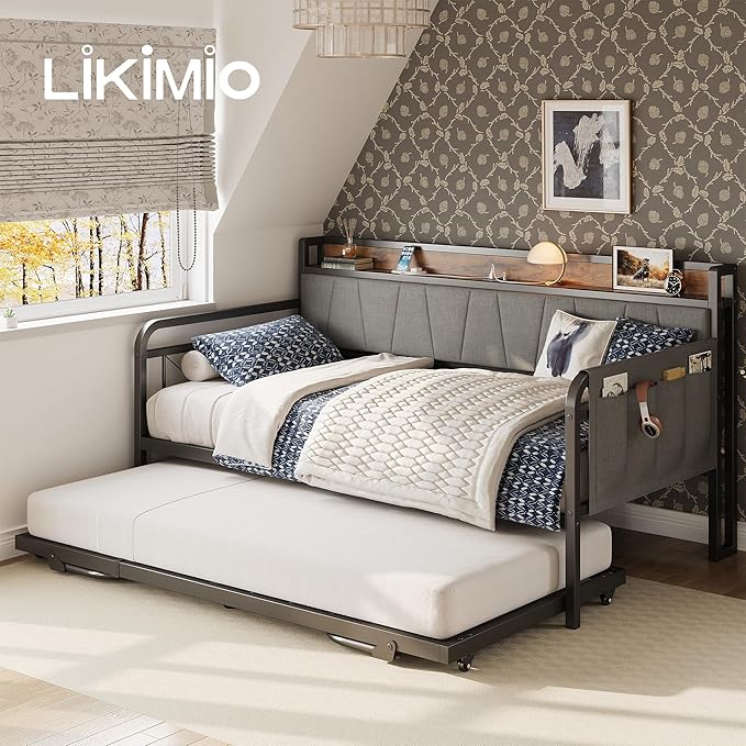 LIKIMIO Daybed with Trundle Bed, Twin Bed Frame with Storage Headboard and - Image 9