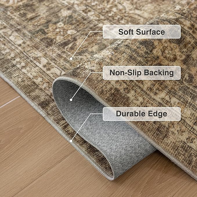 FMFUNCTEX 4ft Round Washable Area Rug Brown Vintage Neutral Distressed Small - Image 3