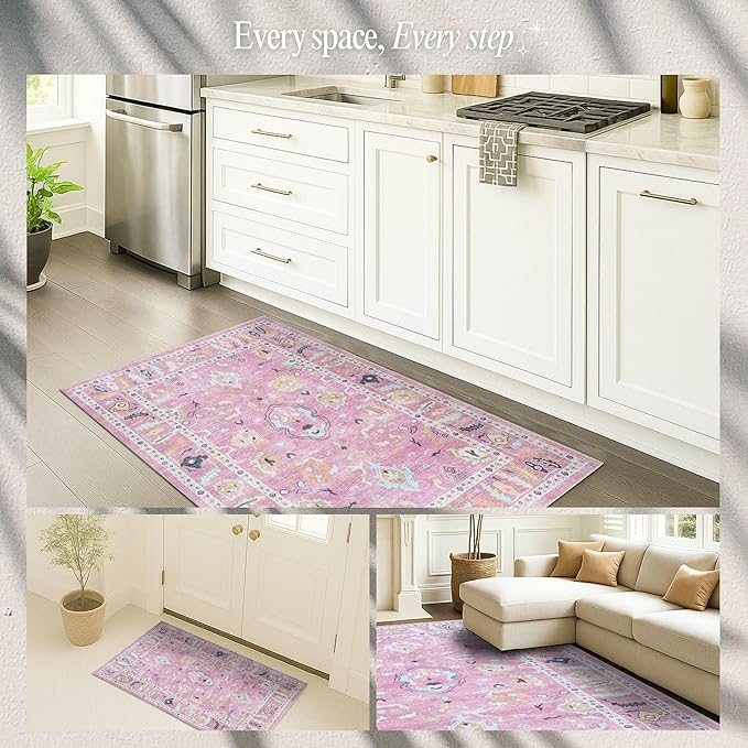 Fame Rugs Pink Modern Oushak Rug 3x5, Washable Vintage Turkish Colorful - Image 5