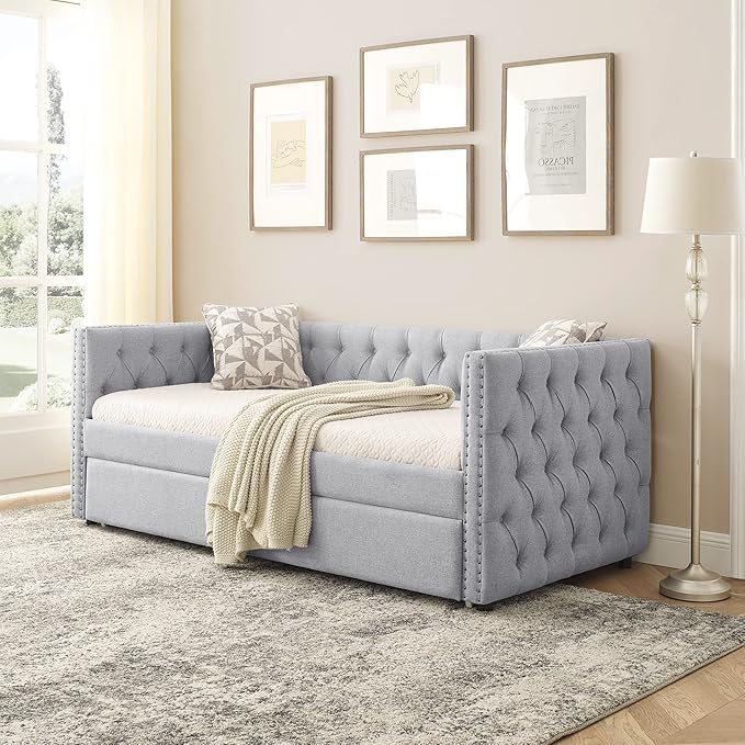 Antetek Daybed with Trundle, Upgraded Linen Upholstered Twin Size Day Bed - Image 3