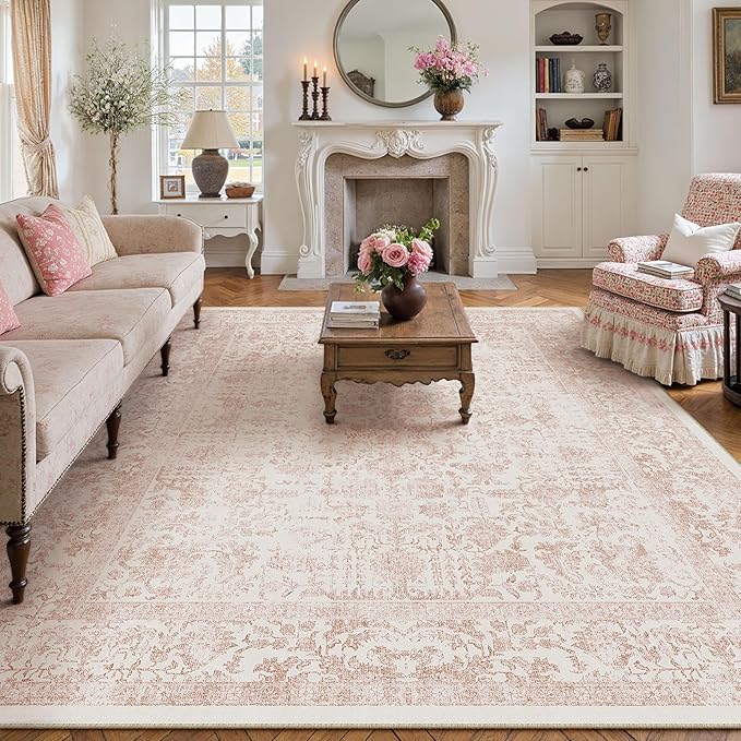 Pink Area Rug 6x9 Machine Washable Vintage Living Room Distressed Non Slip - Image 6