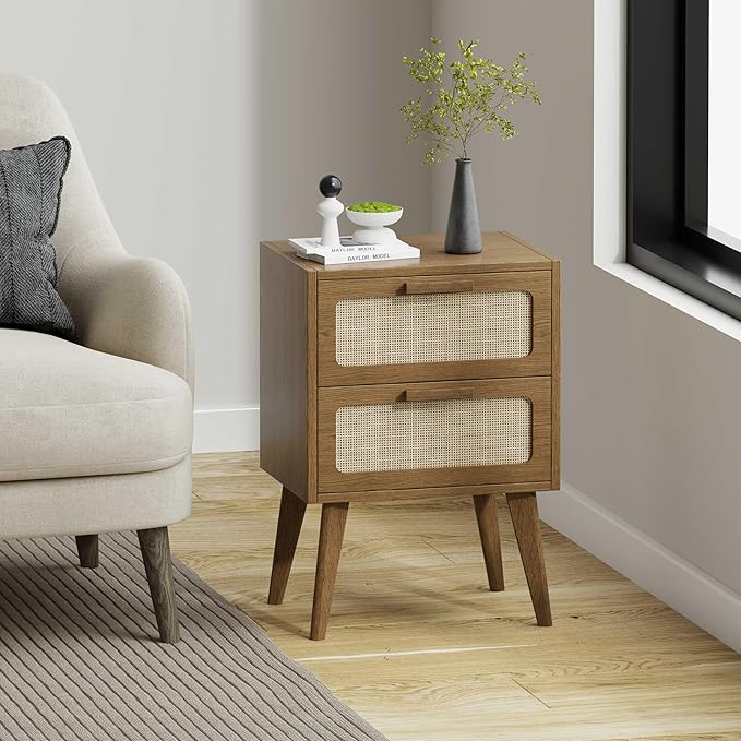 YAUKOMEL Rattan Nightstand Set of 2, Mid Century Modern Bedside - Image 2