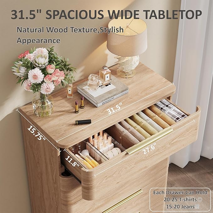 5 Drawer Dresser for Bedroom, Curved Profile Design, Wooden Closet - Image 3
