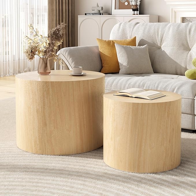 Nesting Coffee Table Set of 2, Round Yellow Nesting Table Modern Circle Coffee by Furnivado