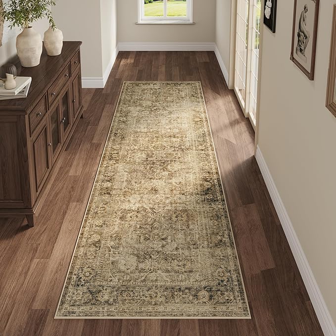 Fmfunctex 2x8 Runner Rug Brown Washable Vintage Neutral Distressed Non Slip Low - Image 3