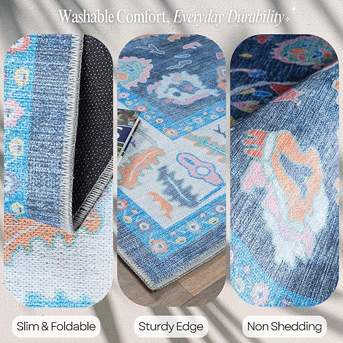 Fame Rugs Blue Modern Oushak Rug 2'6"x7', Washable Vintage Turkish Colorful - Image 3