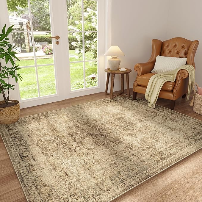 FMFUNCTEX 5x7 Washable Area Rug Neutral Vintage Brown Non Slip Low Pile - Image 3