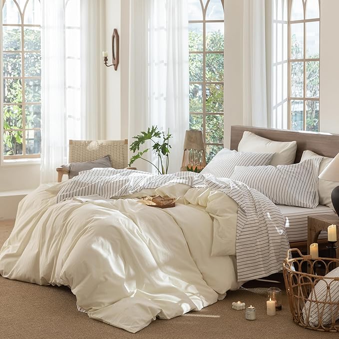 MooMee Fitted Bottom Sheet Only 100% Washed Cotton Linen Like Textured - Image 5
