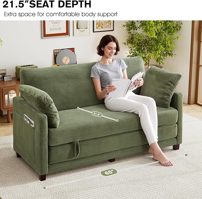 65" Loveseat Sleeper Sofa Bed, Corduroy Convertible Sofa Bed - Image 4