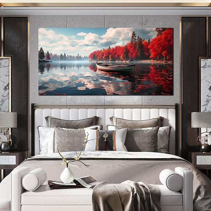 Large Wall Art for Living Room Bedroom Office Red Forest Wall Art Lake - Image 3