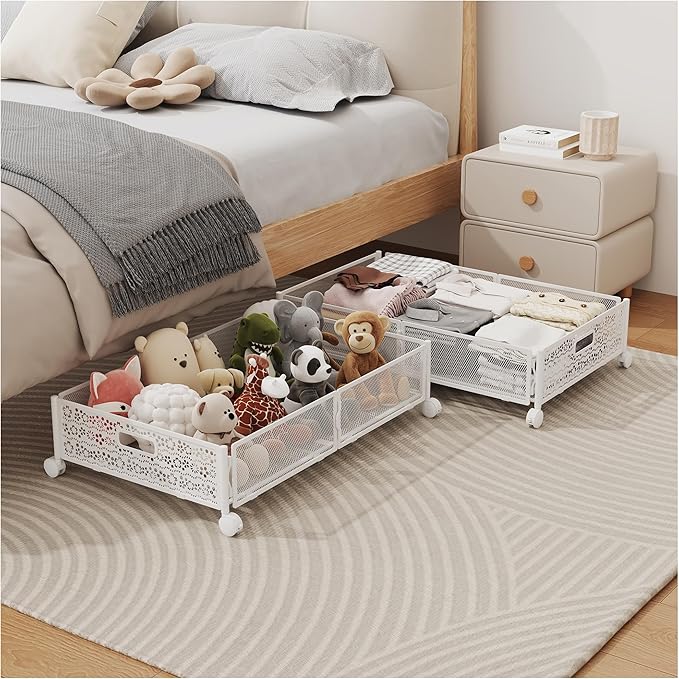 Under Bed Storage with Wheels, Foldable Pattern Carved Metal Under The Bed by YEEBONIX-UnderBedStorage