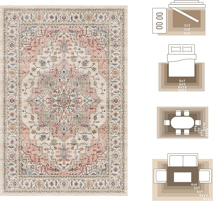 4x6 Area Rug for Bedroom Machine Washable Low Pile Vintage Distressed Rugs - Image 8