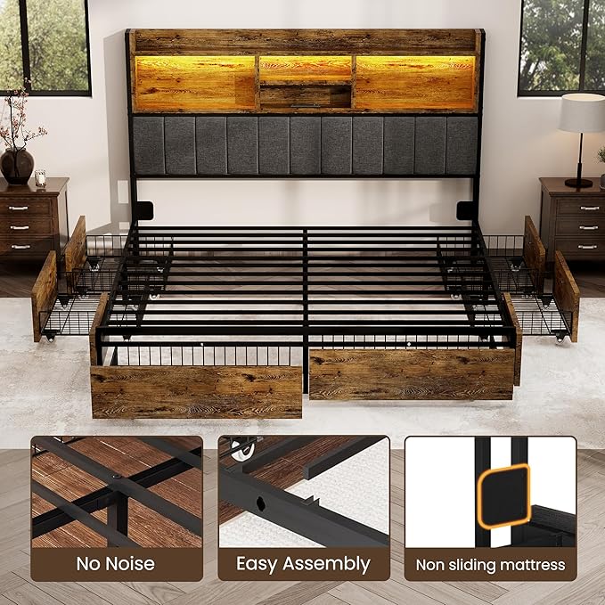 King Bed Frame with 6 Storage Drawers, Linen Upholstered Headboard, Built-in - Image 7